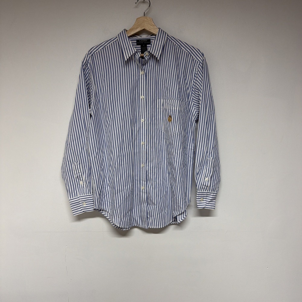 Ralph Lauren LRL Shirt Womens Size 12 Blue Stripe Button Up Embroidered Crest